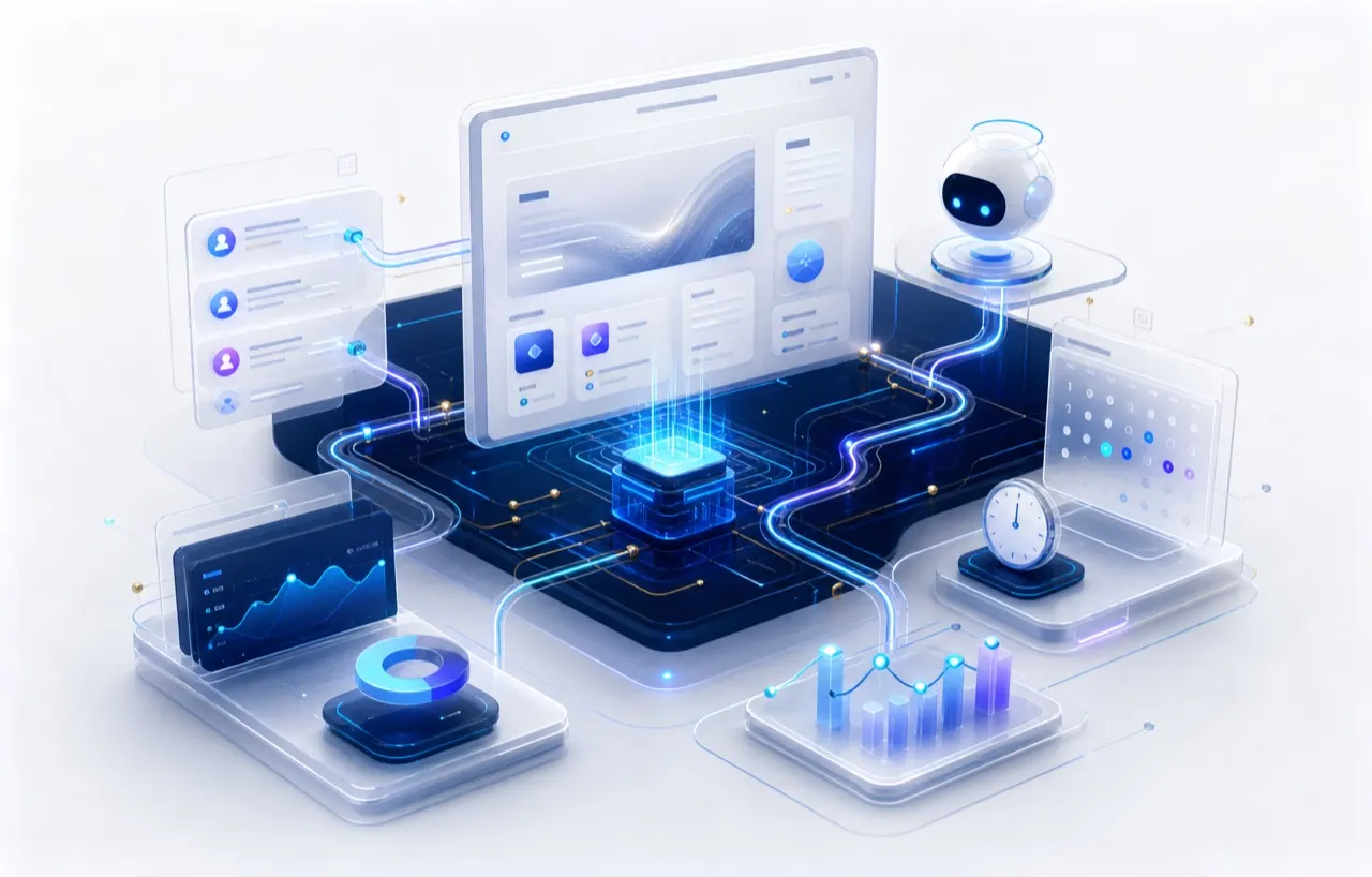 Visualización conceptual de una plataforma web, CRM, agenda y analítica conectados