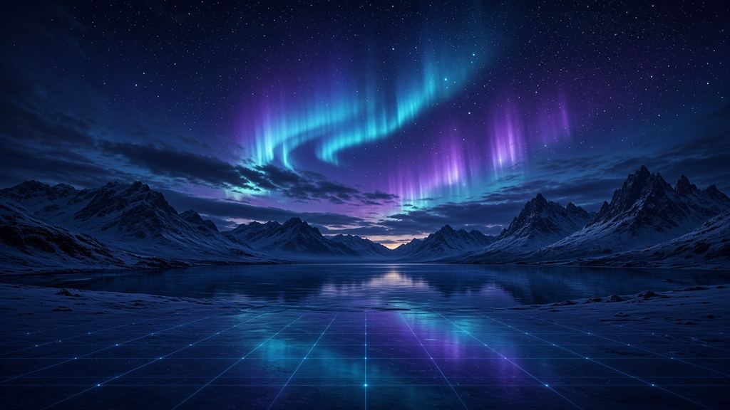 Aurora boreal cian y violeta sobre montañas nevadas y una cuadrícula digital