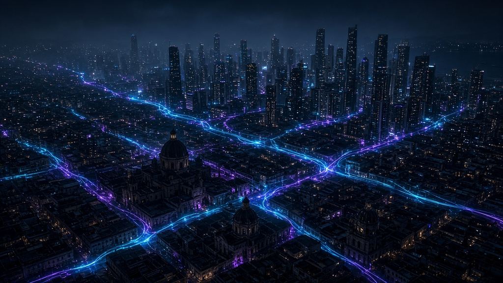 Ciudad de noche con calles trazadas por líneas de luz como una red de datos