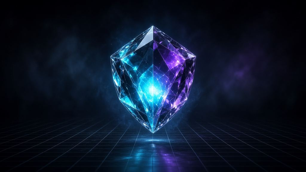 Escudo de cristal facetado que brilla desde dentro sobre una cuadrícula