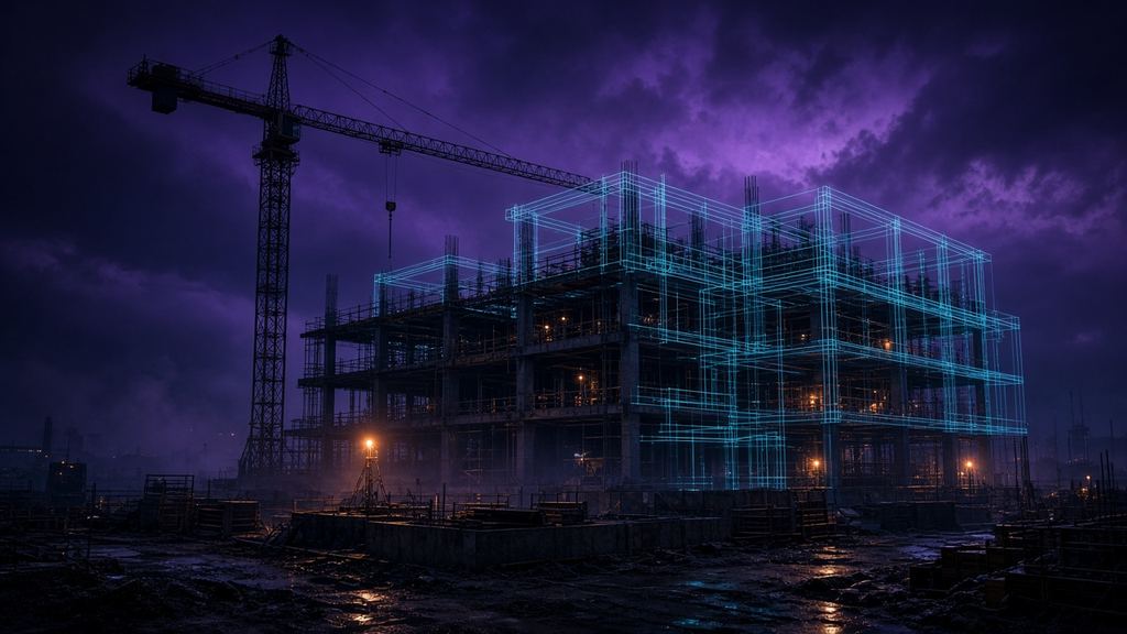 Obra en construcción de noche con grúa y estructura en líneas de plano