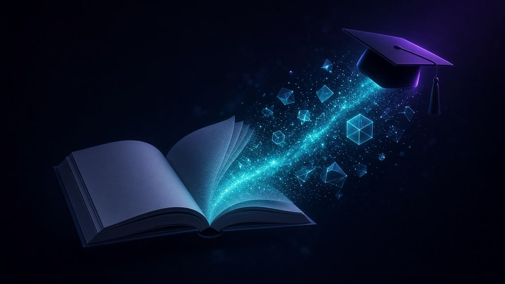 Libro abierto cuyas páginas se convierten en partículas de luz junto a un birrete