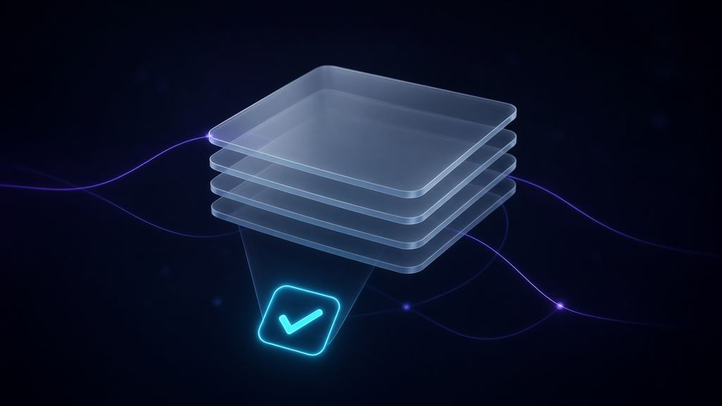 Pila de documentos de vidrio con un sello de verificación luminoso