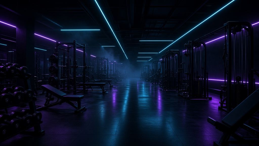 Gimnasio vacío iluminado con tiras de neón cian y violeta