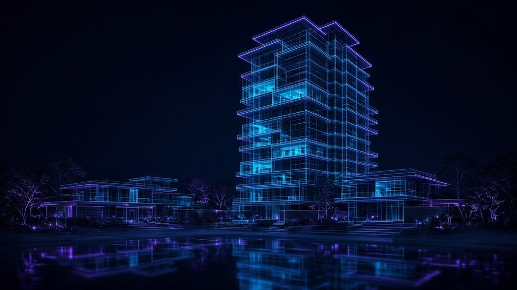 Torre residencial moderna en líneas de luz reflejada en el agua de noche