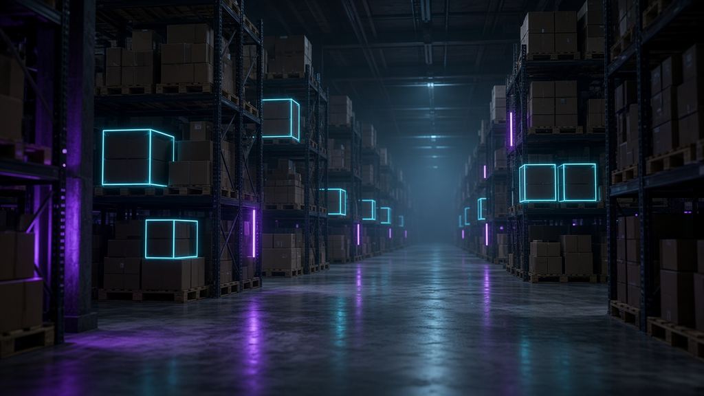 Almacén con anaqueles y cajas rastreadas resaltadas con luz