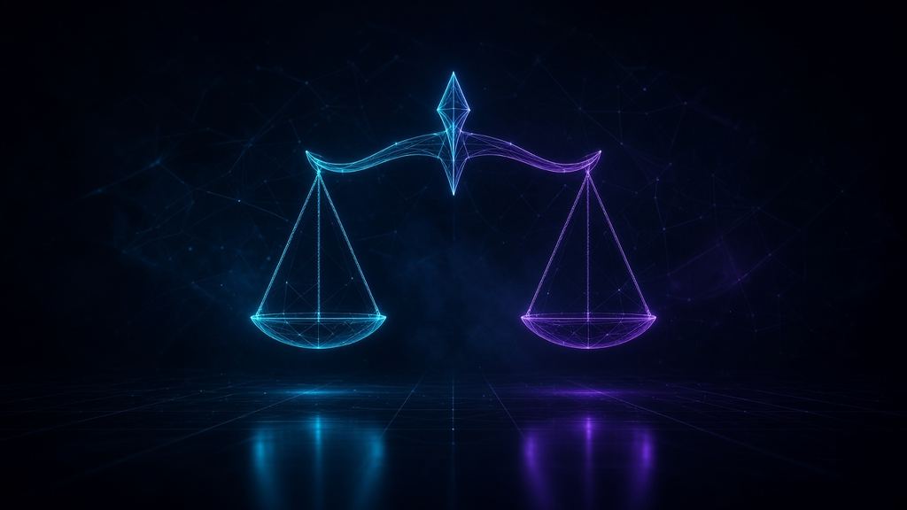 Balanza de la justicia formada por líneas de luz cian y violeta