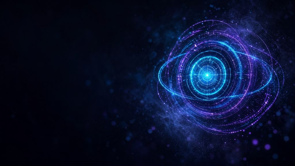 Núcleo luminoso de anillos de luz cian y violeta que representa el Protocolo NEOS