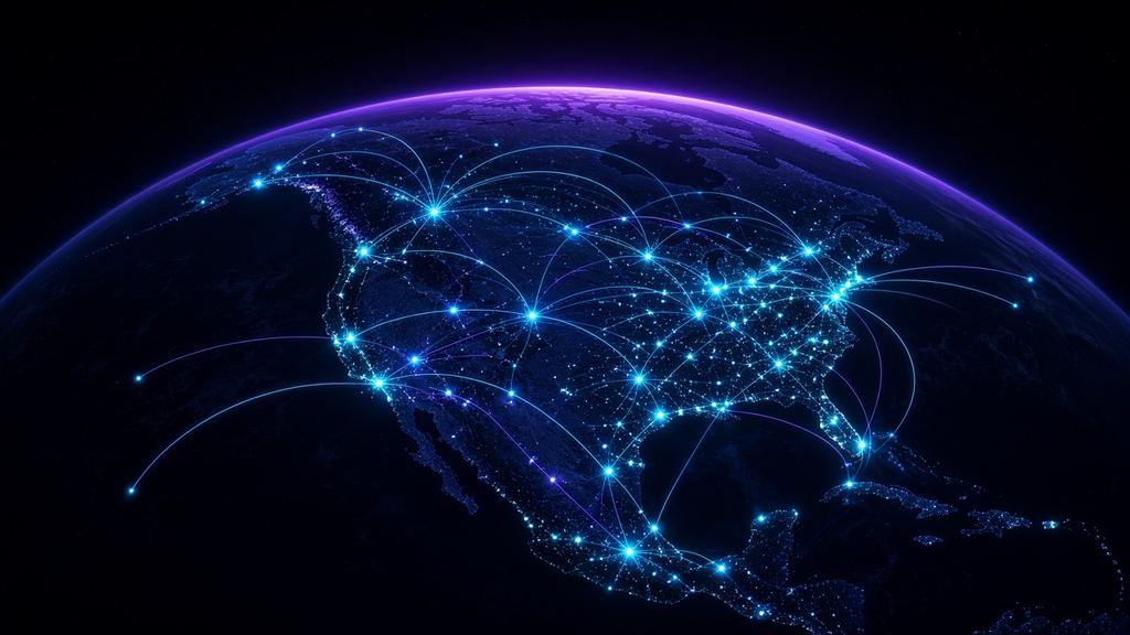 Norteamérica de noche vista desde el espacio con ciudades conectadas por arcos de luz