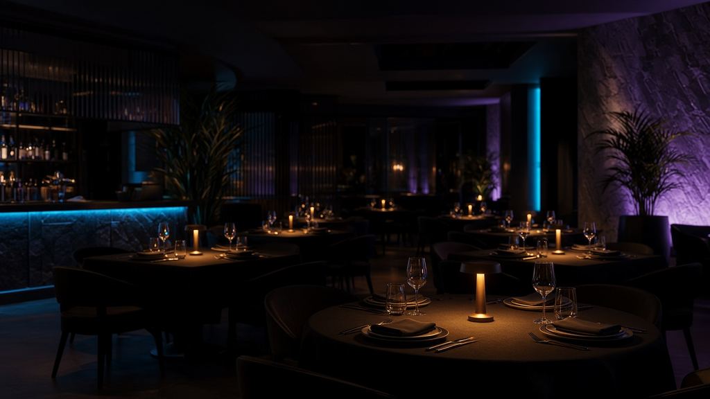 Restaurante moderno vacío con luz cálida y acentos de neón