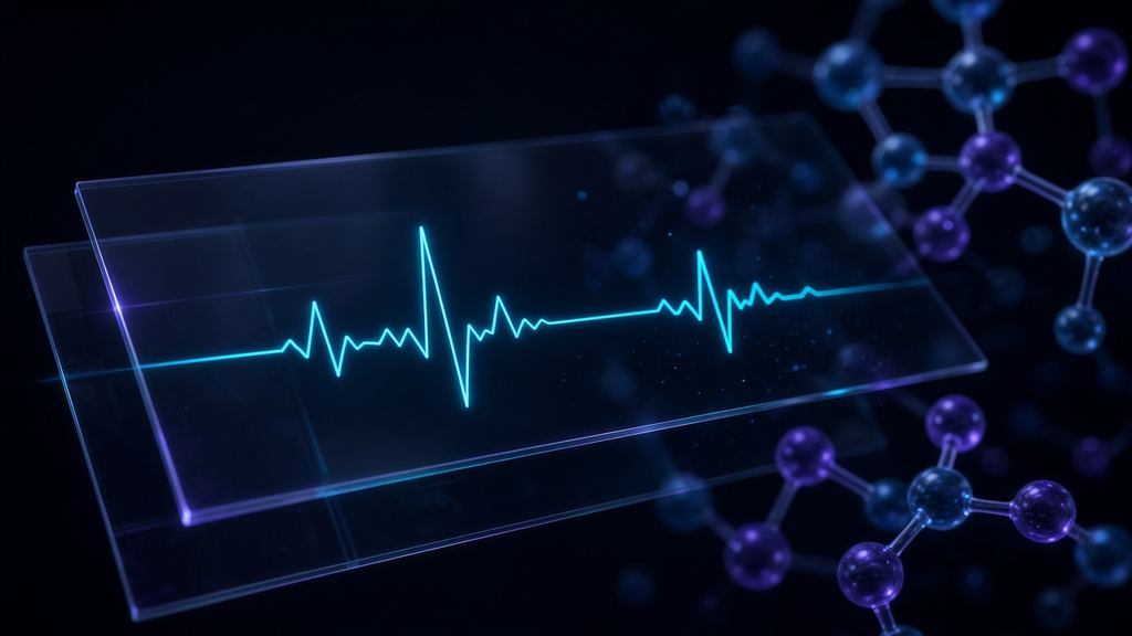 Línea de pulso cardiaco luminosa sobre paneles de vidrio y estructuras moleculares