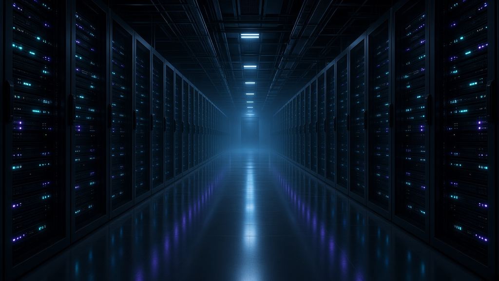 Pasillo de centro de datos con racks de servidores e indicadores de luz