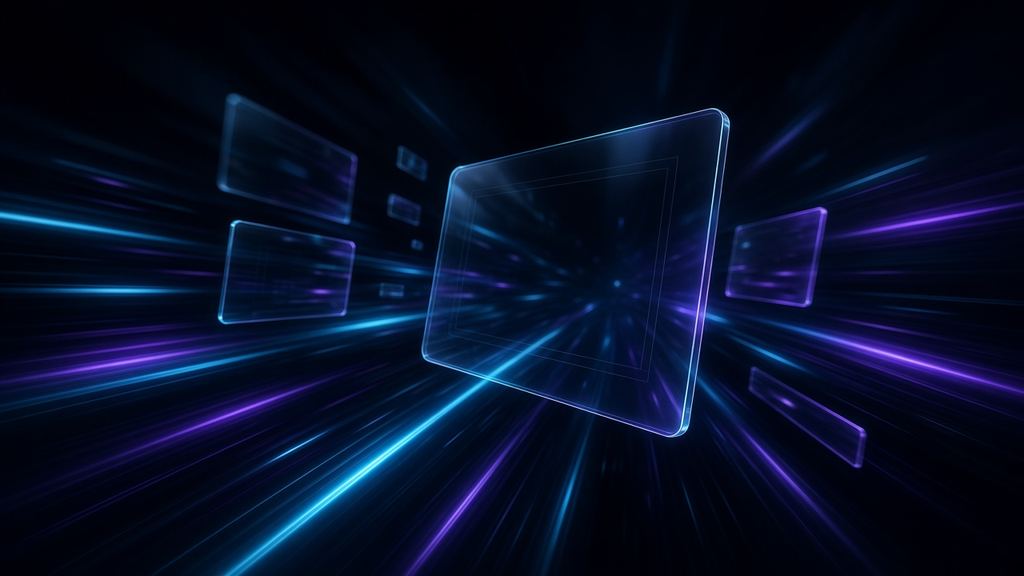 Páginas web de vidrio avanzando a gran velocidad entre estelas de luz